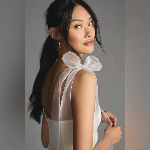 REFORMATION White Enza Square Ribbon Tie Strap Bubble Hem Minidress size 6 Small - Picture 16 of 16